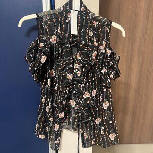 Anne Fontaine "Lacy" Floral Open Shoulder Blouse with Ruffles